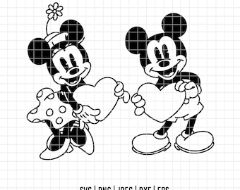 4542 - ハートのミニーとミッキーの線画（SVG、EPS、PNG、DXF、JPEG）。ディズニー風バレンタインデー。ミッキーとミニーのDTF