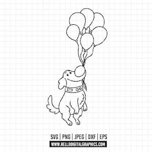 May include: Black and white line art illustration of a dog holding a bundle of balloons. The dog is wearing a collar. The image includes the text "SVG | PNG | JPEG | DXF | EPS" and "WWW.HELLODIGITALGRAPHICS.COM".