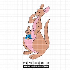May include: A cartoon illustration of a kangaroo with a joey in its pouch. The kangaroo is brown with pink accents and the joey is wearing a blue outfit. The image includes the text "SVG | PNG | JPEG | DXF | EPS" and "WWW.HELLODIGITALGRAPHICS.COM".