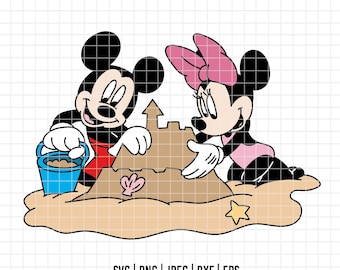5234 - Minnie e Mickey brincando na praia dtf colorido em SVG, EPS, PNG, DXF e JPEG. Verão Disney, viagens, férias em família, turma da Disney