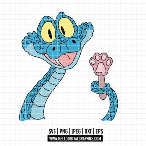 Pode incluir: Ilustração de desenho animado de uma cobra azul com olhos amarelos e uma língua rosa, segurando uma pegada rosa. A imagem inclui o texto "SVG | PNG | JPEG | DXF | EPS" e o endereço do site "WWW.HELLODIGITALGRAPHICS.COM".
