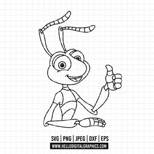 May include: A black and white line art illustration of a cartoon ant character with large eyes and antennae, giving a thumbs up gesture. The image includes the text SVG | PNG | JPEG | DXF | EPS and WWW.HELLODIGITALGRAPHICS.COM at the bottom.