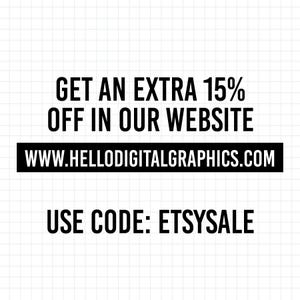 May include: White background with a grid pattern. The text "GET AN EXTRA 15% OFF IN OUR WEBSITE" is displayed in black. Below this is a black rectangle with the website address. The text "USE CODE: ETSYSALE" is below.