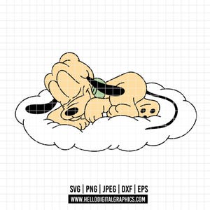 Puede incluir: Ilustración de dibujos animados de un perro durmiendo sobre una nube. El perro es de color amarillo claro con detalles en negro y un collar verde. La nube es blanca con un contorno negro. Incluye el texto "SVG | PNG | JPEG | DXF | EPS" y "WWW.HELLODIGITALGRAPHICS.COM".