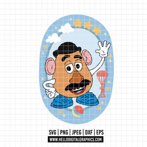 May include: A cartoon illustration of a potato-shaped character with a black hat, mustache, and blue shoes, waving with a white gloved hand. The character is set against a light blue background with stars, clouds, and a parachute. The image includes the text "SVG | PNG | JPEG | DXF | EPS" and a website address.
