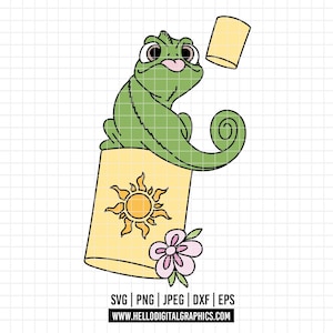 Könnte beinhalten: Ein grünes Chamäleon sitzt auf einer gelben Laterne mit einem Sonnendesign und einer rosa Blume. Eine zweite gelbe Laterne schwebt in der Nähe. Das Bild enthält den Text "SVG | PNG | JPEG | DXF | EPS" und eine Website-Adresse.