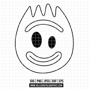 May include: Black and white cartoon face with a smiling mouth, two oval eyes, and a wavy hair design. The image includes file type options: SVG, PNG, JPEG, DXF, and EPS. The website address www.hellodigitalgraphics.com is also included.