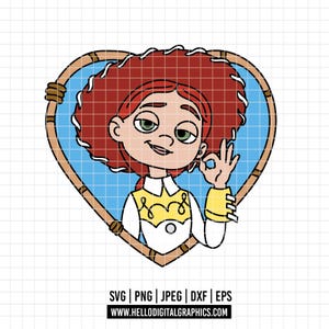 K&ouml;nnte beinhalten: Cartoon-Illustration eines Cowgirls mit roten Haaren, gr&uuml;nen Augen und einem wei&szlig;en Hemd mit gelber Weste. Sie befindet sich in einem herzf&ouml;rmigen Rahmen und macht die "Okay"-Handgeste. Der Text "SVG | PNG | JPEG | DXF | EPS" und "WWW.HELLODIGITALGRAPHICS.COM" ist enthalten.