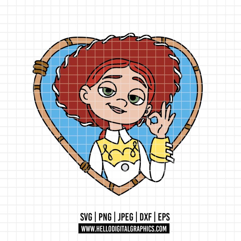 K&ouml;nnte beinhalten: Cartoon-Illustration eines Cowgirls mit roten Haaren, gr&uuml;nen Augen und einem wei&szlig;en Hemd mit gelber Weste. Sie befindet sich in einem herzf&ouml;rmigen Rahmen und macht die "Okay"-Handgeste. Der Text "SVG | PNG | JPEG | DXF | EPS" und "WWW.HELLODIGITALGRAPHICS.COM" ist enthalten.