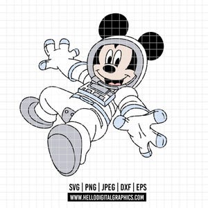 May include: A cartoon illustration of Mickey Mouse in a white astronaut suit with blue accents, floating in space. The image includes the text "SVG | PNG | JPEG | DXF | EPS" and the website address "WWW.HELLODIGITALGRAPHICS.COM".