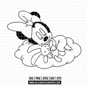 Könnte beinhalten: Schwarz-weiße Strichzeichnung von Minnie Mouse, einer Zeichentrickfigur, die auf einer Wolke schläft und ein Stoffkaninchen hält. Das Bild enthält Informationen zum Dateityp: SVG, PNG, JPEG, DXF, EPS und eine Website-Adresse.
