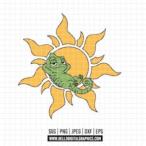 May include: A cartoon illustration of a green chameleon reclining on a yellow sun. The sun has stylized rays. The image includes the file types SVG, PNG, JPEG, DXF, and EPS, along with a website address.
