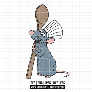 May include: A cartoon illustration of a grey rat wearing a chef's hat, holding a large wooden spoon. The rat has pink ears and a pink nose. The image includes the text "SVG | PNG | JPEG | DXF | EPS" and "WWW.HELLODIGITALGRAPHICS.COM".