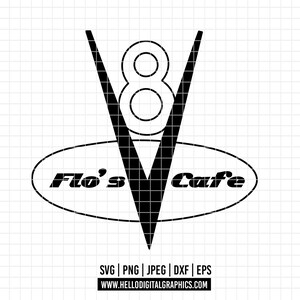 May include: A black and white graphic featuring a V8 engine design, with the text "Flo's Cafe" within an oval. Below the oval are file type icons: SVG, PNG, JPEG, DXF, EPS, and a website address.