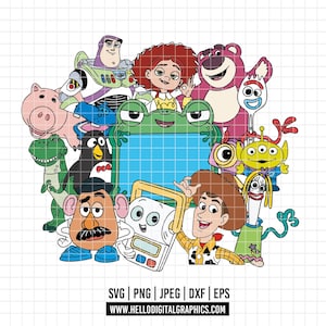 Puede incluir: Ilustraci&oacute;n digital colorida con personajes de la franquicia Toy Story. La imagen incluye a Woody, Buzz Lightyear, Jessie, Sr. Cara de Papa y otros personajes reconocibles. La imagen tambi&eacute;n incluye los tipos de archivo SVG, PNG, JPEG, DXF y EPS.