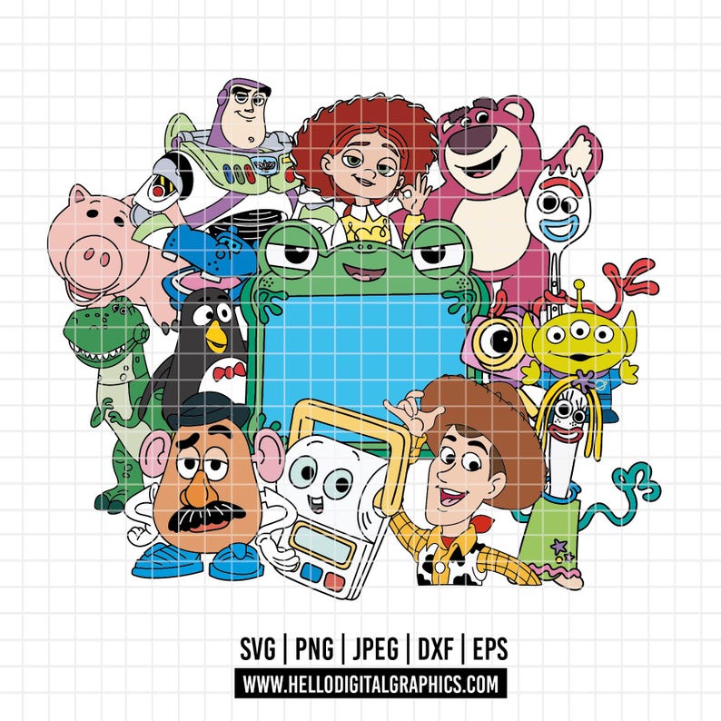 Puede incluir: Ilustraci&oacute;n digital colorida con personajes de la franquicia Toy Story. La imagen incluye a Woody, Buzz Lightyear, Jessie, Sr. Cara de Papa y otros personajes reconocibles. La imagen tambi&eacute;n incluye los tipos de archivo SVG, PNG, JPEG, DXF y EPS.
