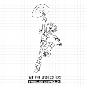 May include: Black and white line art of a cartoon cowgirl holding a hat above her head. The cowgirl is wearing a patterned outfit, boots, and a belt. The image includes the text "SVG | PNG | JPEG | DXF | EPS" and the website address.