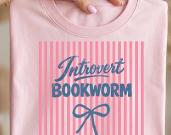 Coquette Bookish PNG, Introvert Bookworm PNG, Preppy Pink Blue Stripe Book Lover PNG, Girly Reading Club Graphic, Cute Reader Shirt Design
