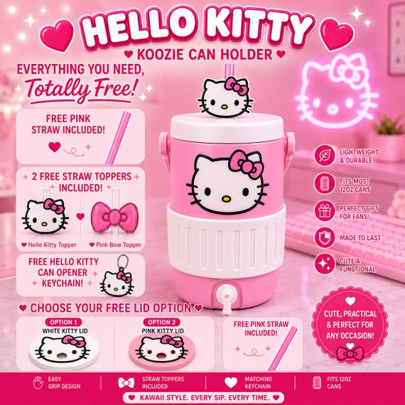 Hello Kitty Koozie Can Holder With Lid, Straw & Bottle Opener