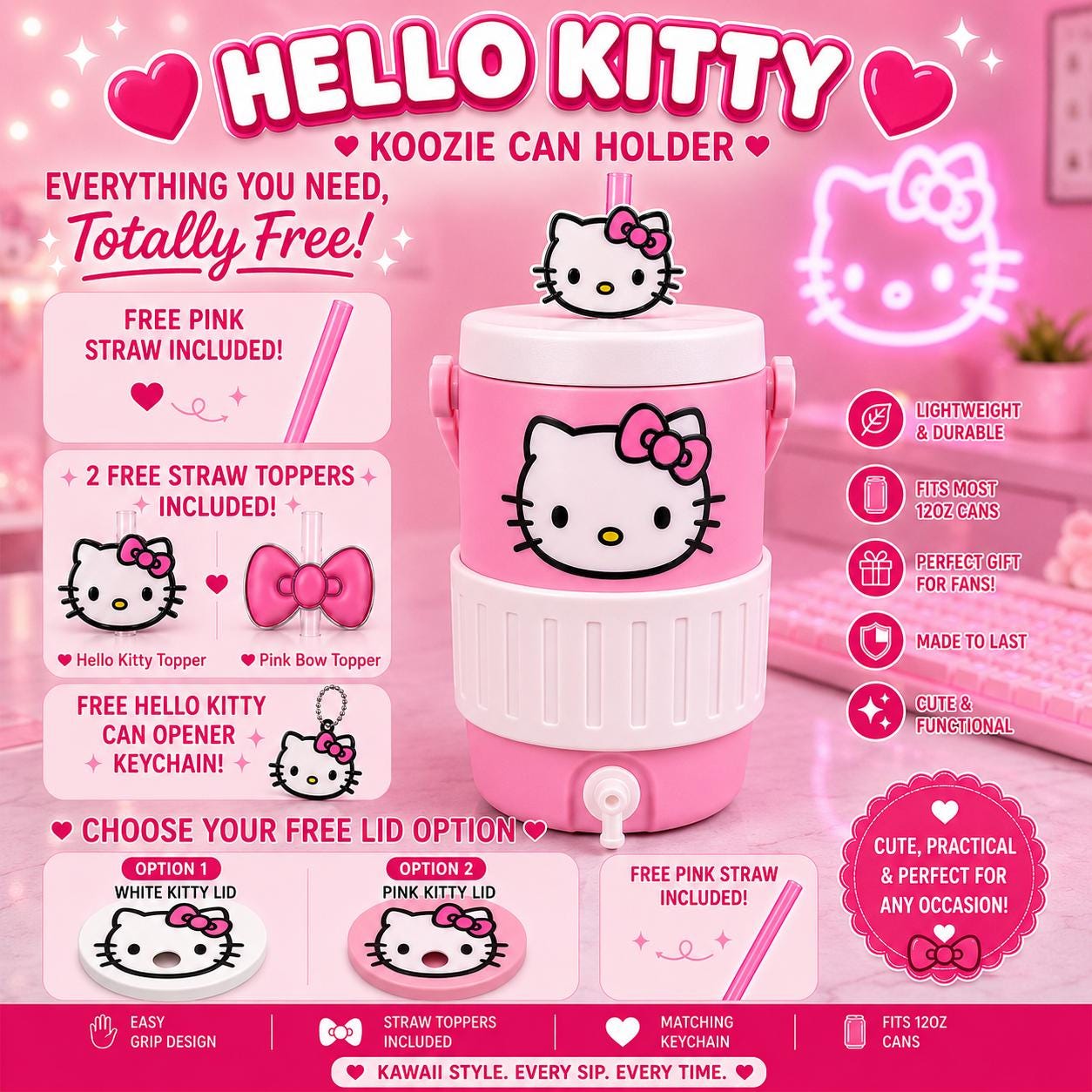 Hello Kitty Koozie Can Holder With Lid, Straw & Bottle Opener Hello Kitty Koozie Can Holder With Lid, Straw & Bottle Opener