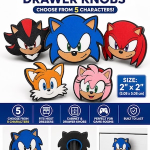 May include: Five Sonic character drawer knobs featuring Shadow, Sonic, Knuckles, Tails, and Amy. Each knob measures 2 inches by 2 inches. The set includes front views of the characters, a rear view showing the mounting hardware, and one installed.