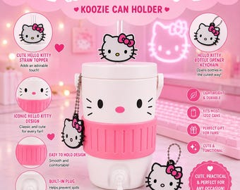 Hello Kitty Koozie Can Holder with Straw Topper & Bottle Opener Keychain | Cute Pink Gamer Desk Cup Holder