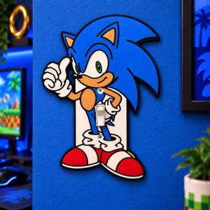 May include: A decorative light switch cover featuring a graphic of the character Sonic the Hedgehog. The design shows the blue character with spiky hair, white gloves, and red shoes, giving a thumbs up. The switch plate is white with two screws.