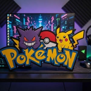 May include: A colorful Pokémon logo with Gengar, a Poké Ball, and Pikachu. The logo is on a desk with a computer monitor, keyboard, mouse, and headphones. The background has a cityscape and soundproofing panels.