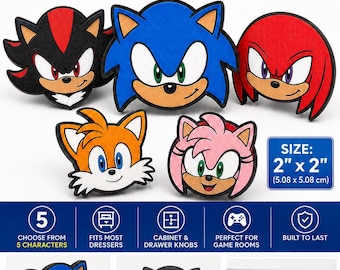 Sonic Drawer Knobs, Sonic Cabinet Knob, Shadow Hedgehog, Knuckles, Tails, Amy Rose, Kids Dresser Knobs, Video Game Room Decor