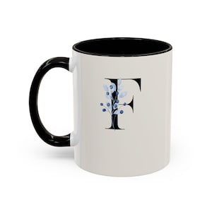 Botanical Initial F Mug, Personalized Monogram Coffee Cup, Minimal Floral Letter Gift