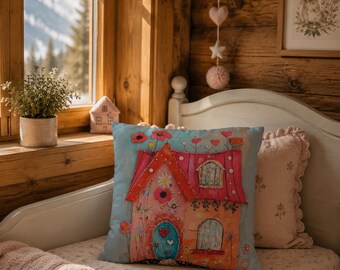 Housse de coussin maison fantaisiste, décoration d'intérieur de conte de fées de livre d'histoires