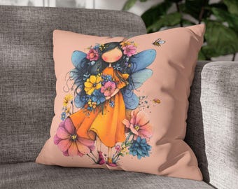 Whimsical Fairy Pillowcase with Flowers, Faux Suede Decor
