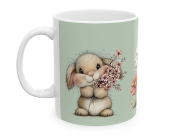 Cottagecore Rabbit Mug, Bunny Coffee Cup, Spring Floral Design, Ceramic 11oz 15oz