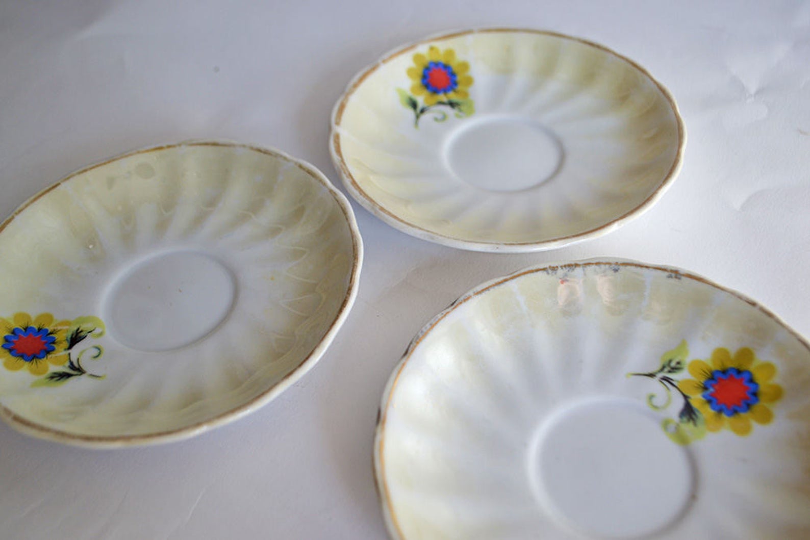 Set of Three Vintage Small Saucers With Yellow and Blue Etsy