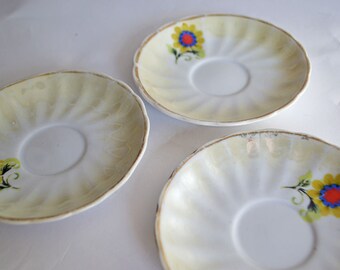 Set of Three Vintage Small Saucers with Yellow and Blue Flowers - Orphan Saucers - Children's Play Tea Set