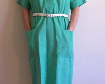Vintage 80s Mint Julep Green Dress - with white woven belt; office casual summer dress