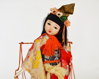 Vintage Geisha Doll Japanese Figurine With Silk and Brocade Kimono, Yoke and Baskets on Wooden Base, Nishi Doll, Midcentury 1950s 1960s
