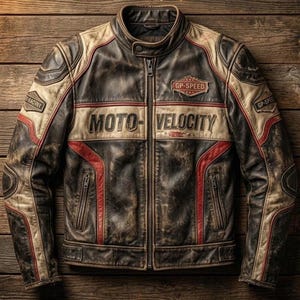 Könnte beinhalten: Abgenutzte braune Motorradjacke aus Leder mit cremefarbenen und roten Akzenten. Auf der Brust steht "MOTO-VELOCITY", dazu "GP-SPEED" Patches. Die Jacke hat einen Reißverschluss und einen klassischen Biker-Stil.