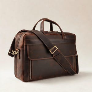 May include: A dark brown leather briefcase featuring two top handles, a detachable shoulder strap with a brass-toned metal buckle, a front flap pocket, and vertical zippered side compartments with matching stitching throughout the exterior.