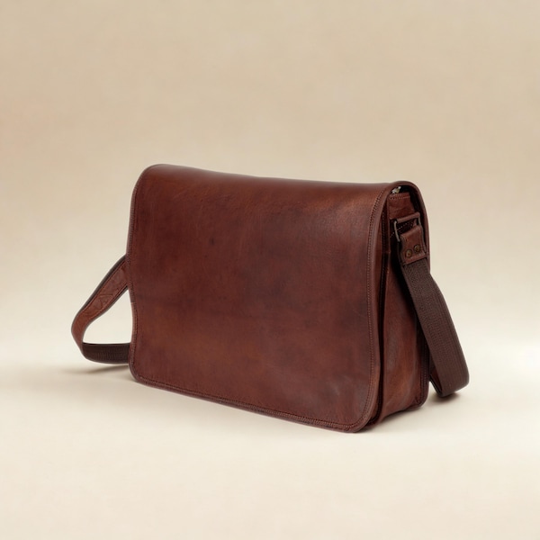 Full Grain Leather Messenger Bag, Vintage Laptop Satchel, Personalized Crossbody Bag for Men