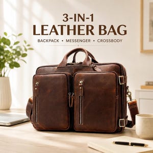 May include: A brown leather 3-in-1 bag featuring two front zipped pockets, a top handle, and side hardware for straps. The text 3-IN-1 LEATHER BAG BACKPACK • MESSENGER • CROSSBODY is displayed above the bag, which functions as a versatile carryall.