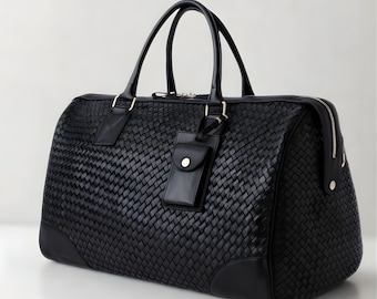 Handwoven Full-Grain Leather Duffle Bag, Black Travel Carry-On, overnight duffel, weekender
