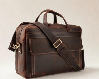 Personalized Leather Laptop Bag, Dual Compartment Work Briefcase, Men Women Business Messenger Bag