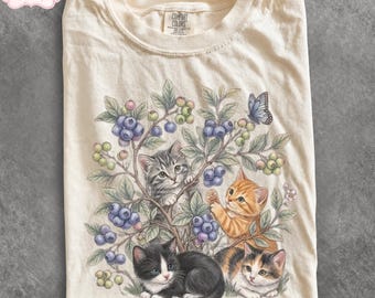 Vintage Kitten Shirt, Comfort Colors Cat Lover Tee, Cottagecore Botanical Cat Graphic Shirt, Cute Kitty Gift for Women