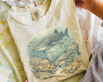 90s Sea Animals Whale Shark Shirt, Vintage Style Ocean Life Tee, Shark Lover Retro Shirt