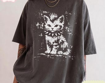 Cute Funny Punk Cat Shirt, Comfort Colors Cat Lover Tee, Gothic Kitten Graphic T-Shirt, Grunge Cat Gift, Cat Mom Shirt