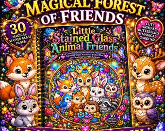 Malbuch „Tierfreunde aus Buntglas“ für Kinder | 30 niedliche Kawaii-Waldtiere, Schmetterlinge und Gartenfenster