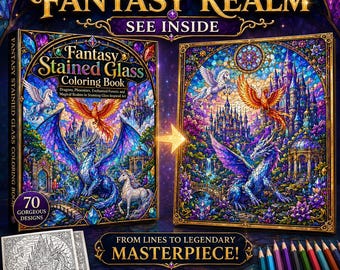Malbuch mit Fantasy-Glasmalerei für Erwachsene | Drachen, Phönixe, Einhörner, Burgen und magische Reiche als Glaskunstwerke