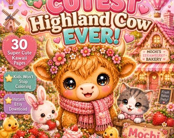 Mochi-Hochlandrind-Malbuch für Kinder von 4-8 Jahren | Niedliche Kawaii-Bauernhoftiere | Gemütliches Cottagecore-Malbuch (PDF zum Ausdrucken)