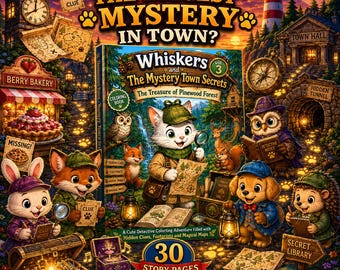 Whiskers und das geheimnisvolle Stadt-Malbuch für Kinder | 30 Detektivabenteuer, versteckte Hinweise, Karten & Rätsel | Alter 4-8